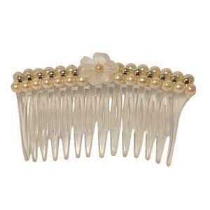 Vintage Cream White Pearl Beaded Flower Side Hair Comb 80s 90s Bridal Communion